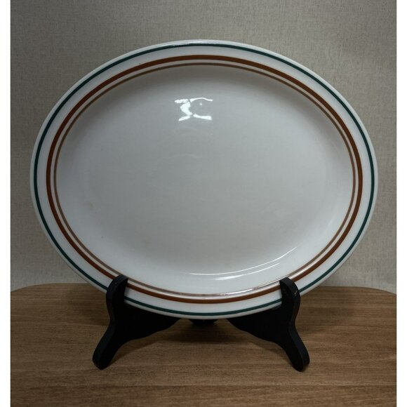 Oval Plate Shenango China 8 Inch Orange Green Bands Resturant Ware - Picture 1 of 5
